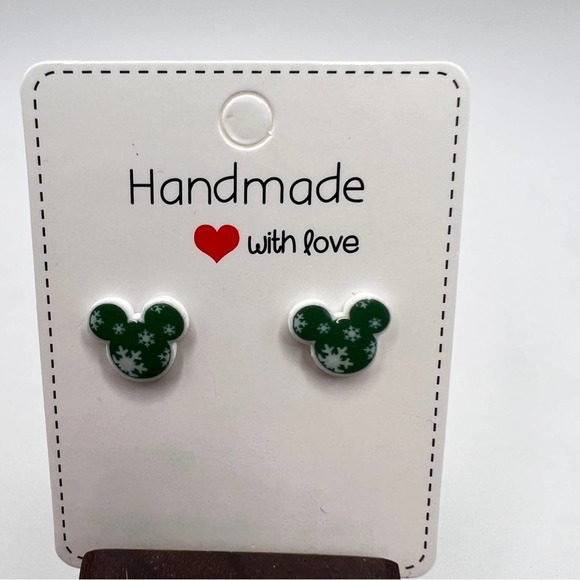 Green Mickey Mouse snowflake stud earrings. Christmas, Winter, Holiday. - Picture 8 of 9